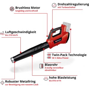 Einhell Power X-Change GP-LB 36/210 Li E-Solo: Piros akkus lombfúvó kerti munkákhoz.