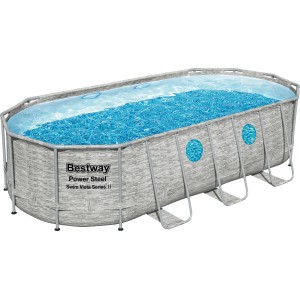 Bestway acélvázas medence szett Power Steel Swim Vista, ovális, 549 x 274 x 122 cm, szürke, ablakokkal.