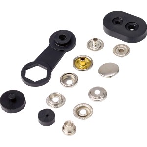 3,5x15 mm-es rugós patentgombok készlete rögzítő szerszámmal, ideális kabátokhoz, táskákhoz és hátizsákokhoz.