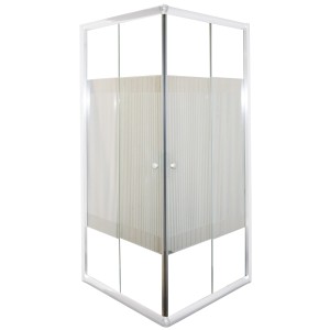 Sanotechnik sarok zuhanykabin 80x80 csíkos üveggel és fehér profilokkal.