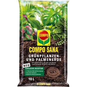 Zsák Compo Sana virágföld zöld növényekhez és pálmákhoz, 10L. Speciális föld tápanyagokkal az egészséges növényekért.