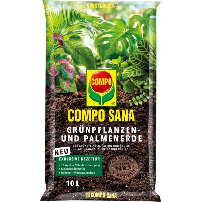 Zsák Compo Sana virágföld zöld növényekhez és pálmákhoz, 10L. Speciális föld tápanyagokkal az egészséges növényekért.