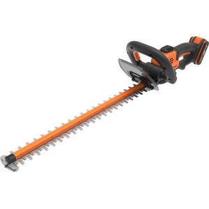 Worx WG264E 20 V akkus sövényvágó narancssárga pengékkel és fekete fogantyúval.