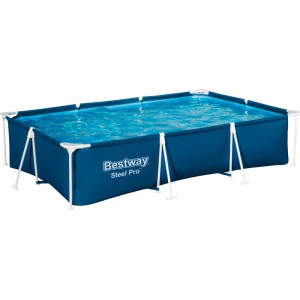 Bestway SteelPro acélvázas medence szett, 300x201x66 cm, téglalap alakú, kék medencével és fehér vázzal.