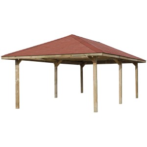 Weka Gartenoase 651 B pavilon, 433x778 cm, piros tetővel és fa oszlopokkal.