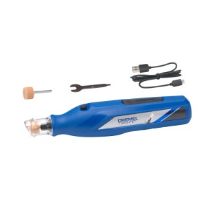 Kék Dremel 7350-PET akkus kisállat karomápoló készlet csiszolófejjel, kulccsal és USB kábellel.