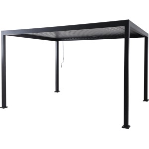 Antracit színű alumínium Carinda pergola, 239x389x296 cm, lamellás tetővel és kézi hajtókarral.