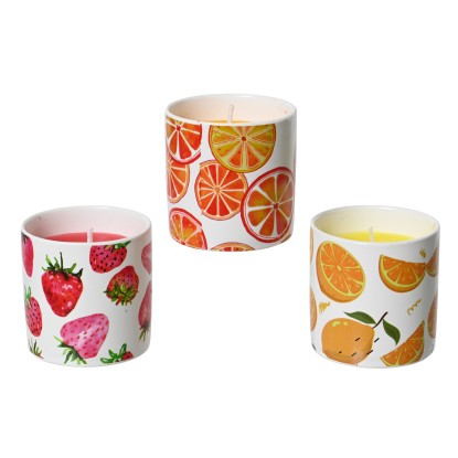 Citronella gyertya viasz 3-féle változatban gyümölcsminta 6,7 cm átm. x 7 cm