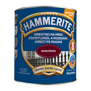 Hammerite rozsdavédő festék bordó színben, fényes. Közvetlenül a rozsdára felvihető.