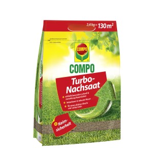 Compo Rasen Nachsaat Turbo 2,6 kg-os csomag a gyors gyepjavításhoz és a sűrű, zöld gyephez.