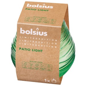 Zöld Bolsius 'Patio Light' gyertyatartó csomagolásban. Ideális hangulatos világításhoz.