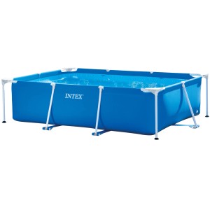 Kék Intex Frame Pool Family medence, 220x150x60 cm, fehér acélvázzal.