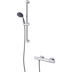 Grohe QuickFix Precision Start zuhanyszett termosztáttal, kézi zuhannyal, zuhanycsővel és zuhanyrúddal.