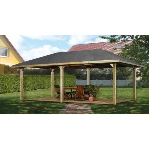 Nyomáskezelt Weka Paradies B kerti pergola tömörfa tetővel a kertben.