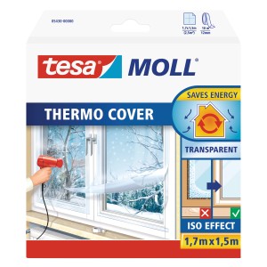 Tesamoll Thermo Cover ablakfólia (1,7 m) csomagolása ablakszigeteléshez.