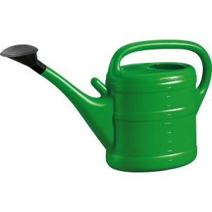 Zöld Geli kerti locsolókanna 10 l-es kapacitással és levehető szórófejjel.