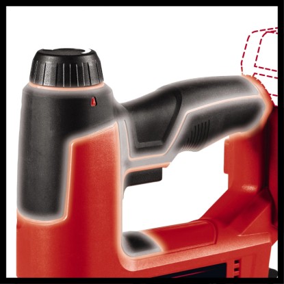 Közelkép: Einhell Power X-Change TE-CN 18 Li Solo akkus szögbelövő/tűzőgép, a fogantyú és a beállító kerék fókuszban.