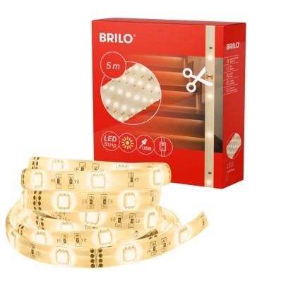 Brilo LED szalag, 5 m, meleg fehér, USB csatlakozóval és kábeles kapcsolóval, rövidíthető.