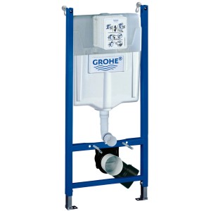 Grohe QuickFix Solido WC tartóelem, 1,13 m magas, kék acélvázzal és fehér tartállyal.