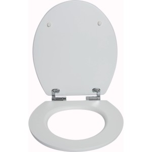 Fehér baliv Kunene fa WC-ülőke SoftClose mechanizmussal és króm zsanérokkal.
