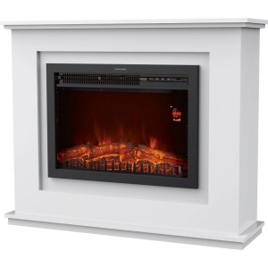 Modern fehér-fekete Moorhampton Fire elektromos kandalló valósághű lánghatással és LED kijelzővel.