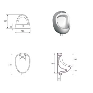 Vázlat és 3D nézet egy t.b.t. piszoárról méretekkel.