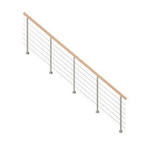 StarWood Kos fém korlát, 350 cm, bükkfa kapaszkodóval és rozsdamentes acél rudakkal, szürke oszlopokkal.