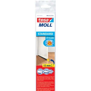 Tesamoll Standard fehér ajtószigetelő sín sima padlóhoz, 12 mm-ig tömít.