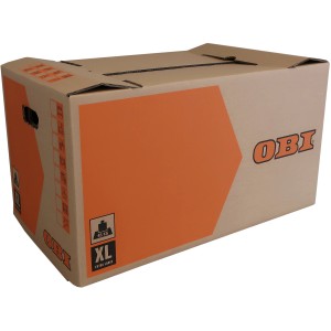 OBI költöztető doboz XL, 126 l, barna, narancssárga területekkel és OBI logóval.