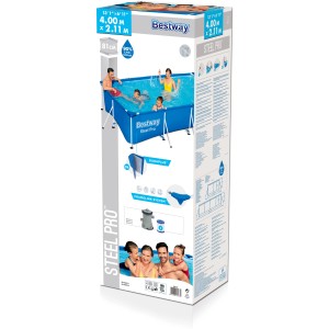 A Bestway Steel Pro Frame szögletes medence szett (400x211x81cm) csomagolása medencével, szűrőszivattyúval és tartozékokkal.