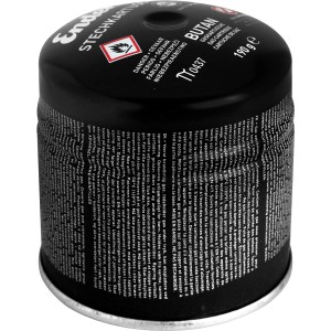 Enders® 190g-os gázpatron kempingfőzőkhöz. Fekete, figyelmeztető címkékkel.