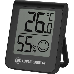 BRESSER hőmérő-páratartalom mérő 3 darabos szett, fekete, hőmérséklet 26°C és páratartalom 55% mosolygós arccal.