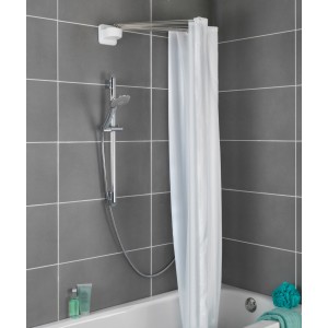 Wenko zuhanyfüggöny tartó 12 karral, rozsdamentes acélból, fehér zuhanyfüggönnyel, fürdőszobai környezetben.