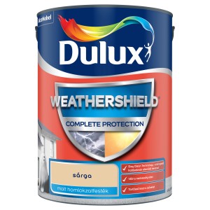 Doboz sárga Dulux Weathershield homlokzatfesték kültérre.