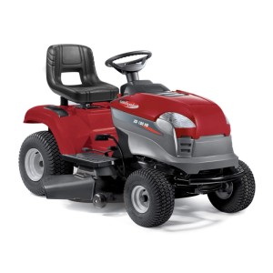 Piros t.b.t. fűnyíró traktor.
