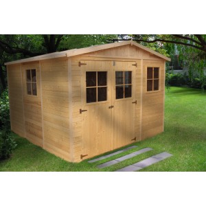 Timbela fa kerti ház M335+M335G, 9 m², ablakkal és padlóval a kertben.