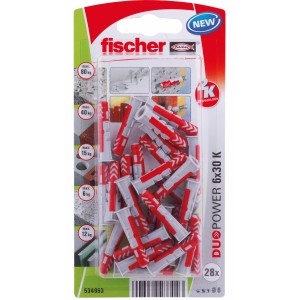 Fischer Duopower 6x30 K NV dübel, piros és szürke dübelek készlete csomagolásban.