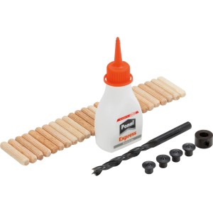 LUX Dübel-Set 6 mm: Fatiplank, fafúró, tiplijelölők, fém rögzítőgyűrű és Ponal ragasztó.