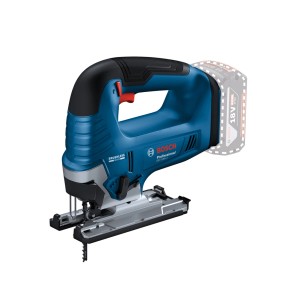 Kék akkus szúrófűrész a Bosch Professional-tól, akkumulátorral a háttérben.