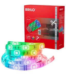 Brilo 10m RGB LED szalag színváltással és távirányítóval, feltekercselve a piros csomagolás előtt.