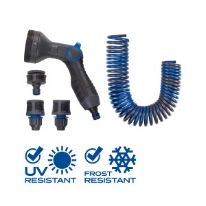 LUX-TOOLS zuhanyszett spiráltömlővel, 5 szórófejjel, a rugalmas kerti öntözéshez.