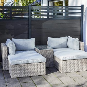 5 részes Olea lounge szett homokszínű polyrattanból, szürke párnákkal és üveglappal.