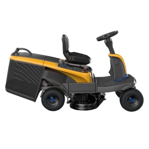 Stiga Swift 372e akkumulátoros fűnyíró traktor, sárga-szürke, fűgyűjtő kosárral és akkumulátorokkal. Kompakt fűnyíró traktor.