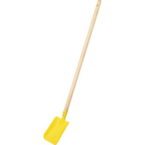 Sárga gyerek homokozólapát fa nyéllel, 89,8 cm hosszú, a kertbe.