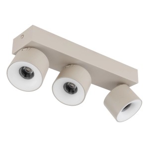 Globo Rae LED spotlámpa, 3 égős, matt homokszínű fém, hengeres spotok téglalap alakú alapon.