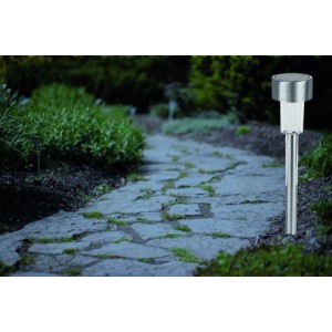 CMI LED szolár lámpa rozsdamentes acél földnyárssal, ideális kerti ösvényekhez.