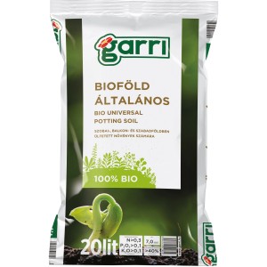 Zacskó Garri Bio univerzális virágföld, alkalmas szobanövényekhez, balkon- és szabadföldi növényekhez.