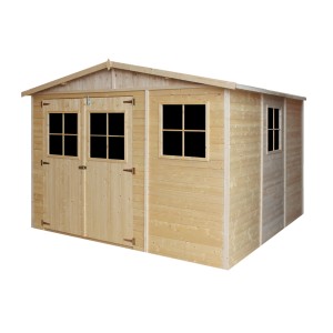 Timbela fa kerti ház M335, 9 m², ablakokkal, padló nélkül. Kezeletlen fa dupla ajtóval.
