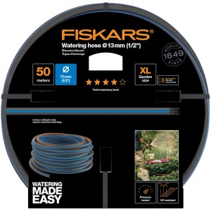 Fiskars locsolótömlő, 13mm (1/2 hüvelyk), 50 méter, rugalmas és UV-álló.