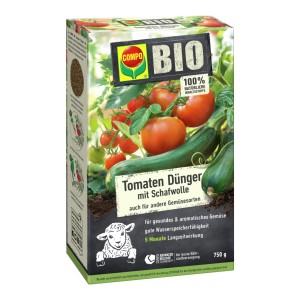 Compo Bio Hosszú hatású paradicsomtrágya juhgyapjúval 750g. Doboz paradicsommal, cukkinivel, báránnyal. Egészséges zöldségekhez.